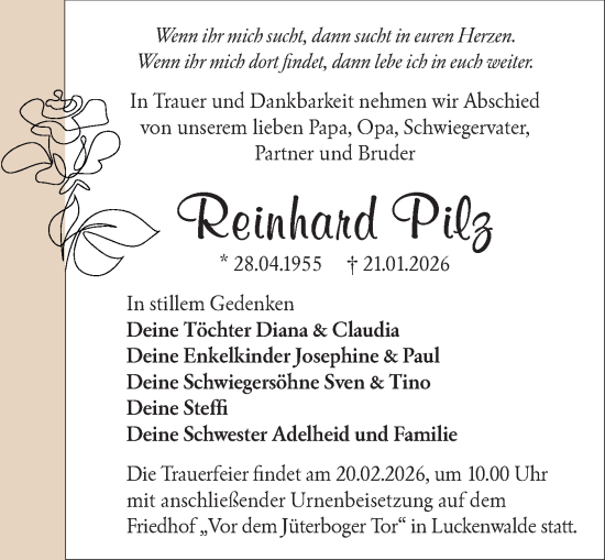 Traueranzeige von Reinhard Pilz von Blickpunkt Jüterbog/Luckenwalde