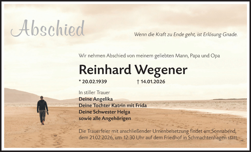  Traueranzeige für Reinhard Wegener vom 07.02.2026 aus Märkische Oderzeitung