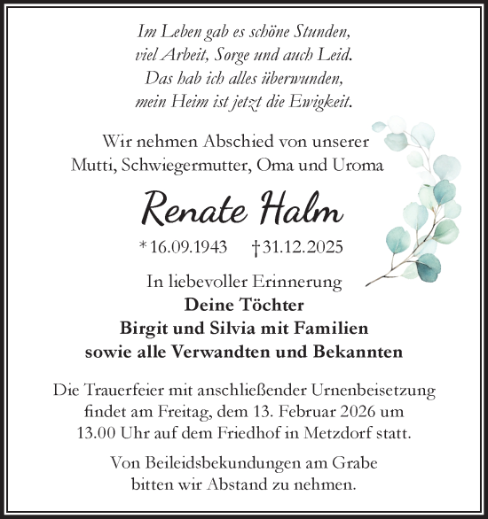 Traueranzeige von Renate Halm von MO Oderld.-Echo