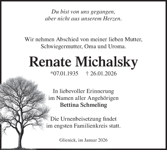 Traueranzeige von Renate Michalsky von Blickpunkt Ludwigsfelde/Zossen