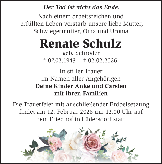Traueranzeige von Renate Schulz von Märkische Oderzeitung