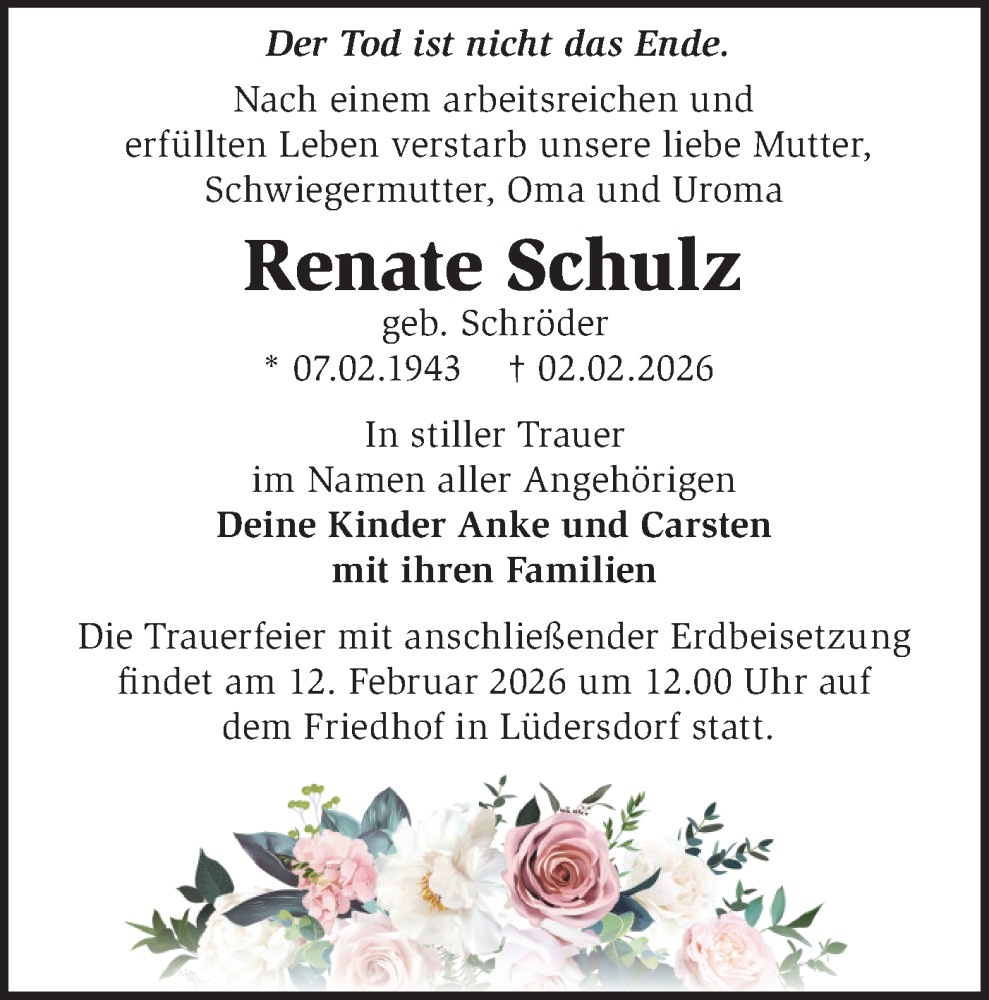  Traueranzeige für Renate Schulz vom 07.02.2026 aus Märkische Oderzeitung