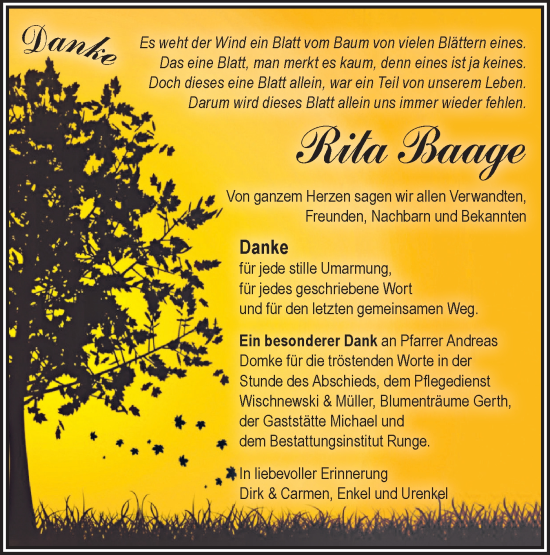 Traueranzeige von Rita Baage von Märkische Oderzeitung
