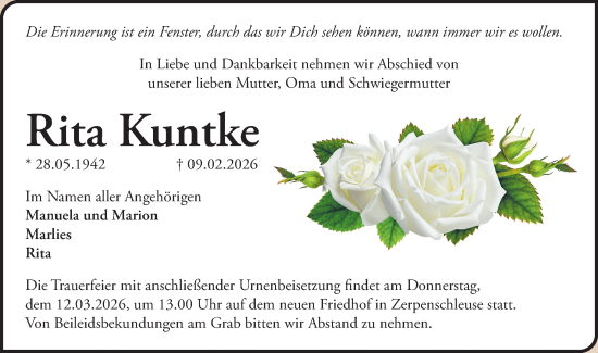 Traueranzeige von Rita Kuntke von Märkische Oderzeitung