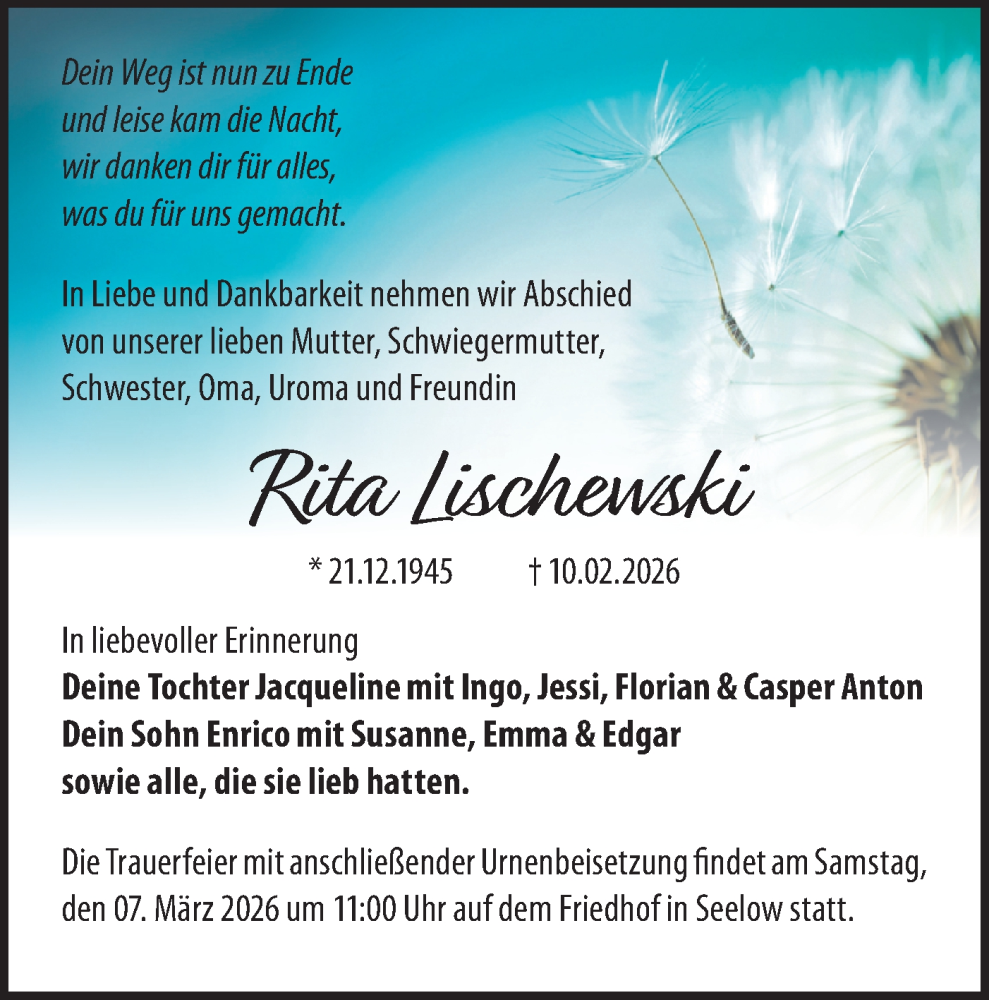  Traueranzeige für Rita Lischewski vom 21.02.2026 aus MO Oderld.-Echo