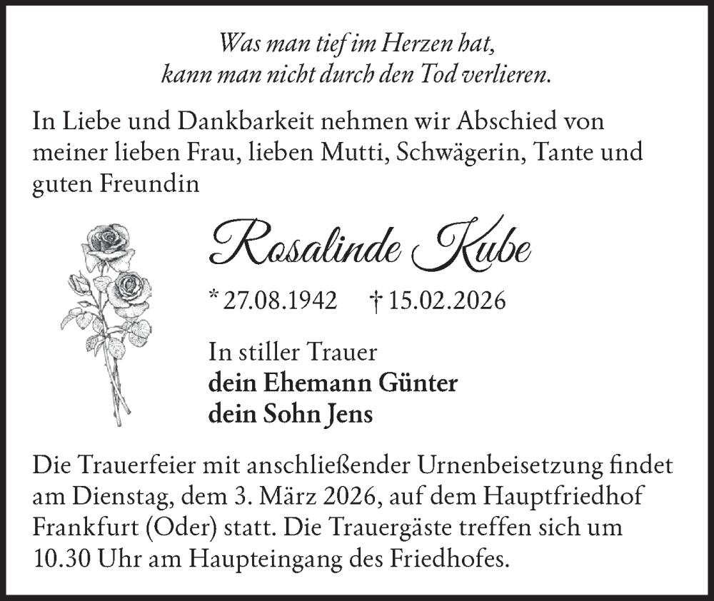  Traueranzeige für Rosalinde Kube vom 21.02.2026 aus Märkische Oderzeitung