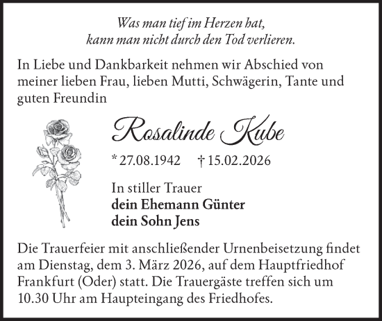 Traueranzeige von Rosalinde Kube von Märkische Oderzeitung