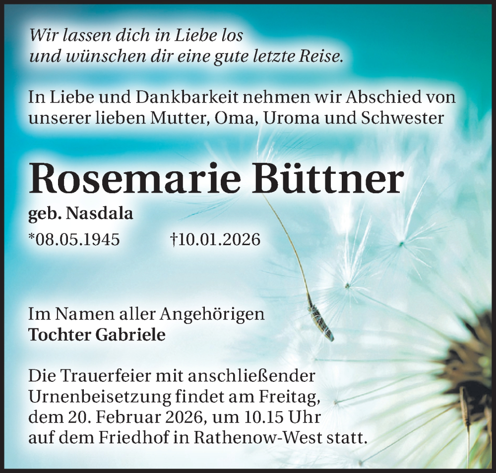  Traueranzeige für Rosemarie Büttner vom 07.02.2026 aus Märkische Oderzeitung