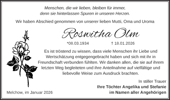 Traueranzeige von Roswitha Olm von Märkische Oderzeitung
