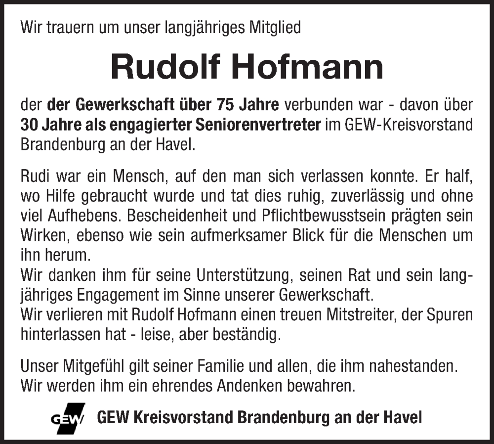  Traueranzeige für Rudolf Hofmann vom 07.02.2026 aus Märkische Oderzeitung
