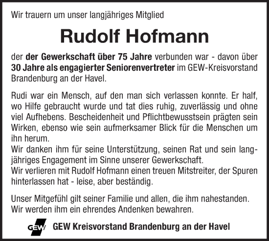 Traueranzeige von Rudolf Hofmann von Märkische Oderzeitung