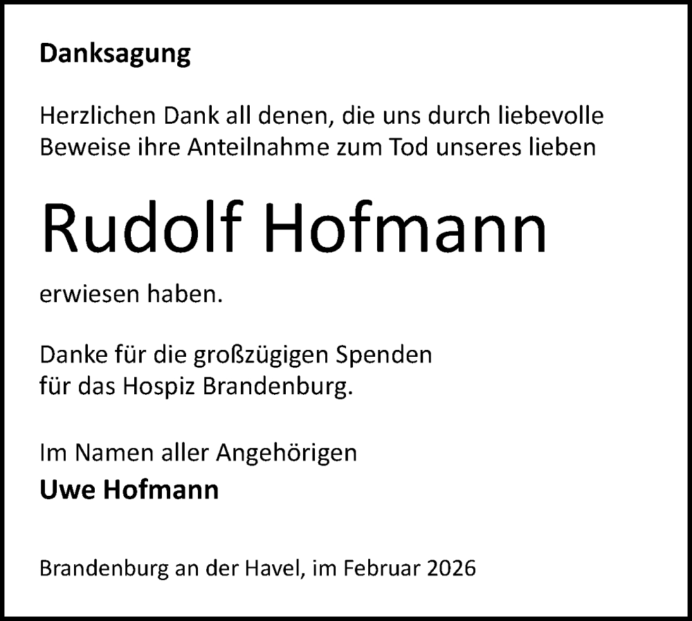  Traueranzeige für Rudolf Hofmann vom 14.02.2026 aus Märkische Oderzeitung