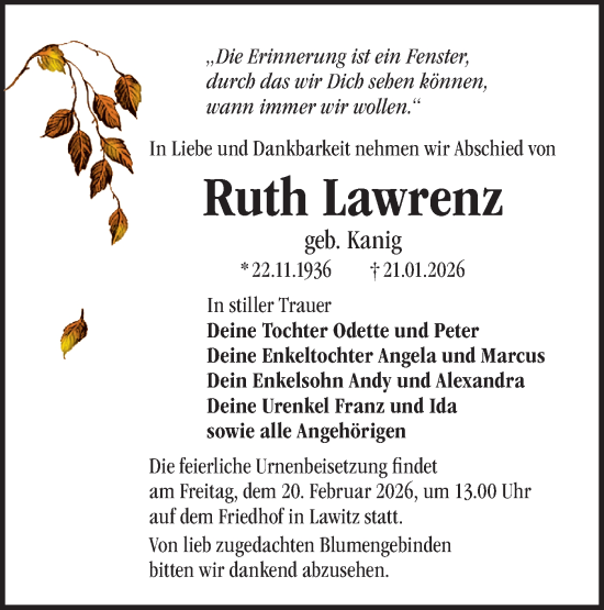 Traueranzeige von Ruth Lawrenz von Märkische Oderzeitung