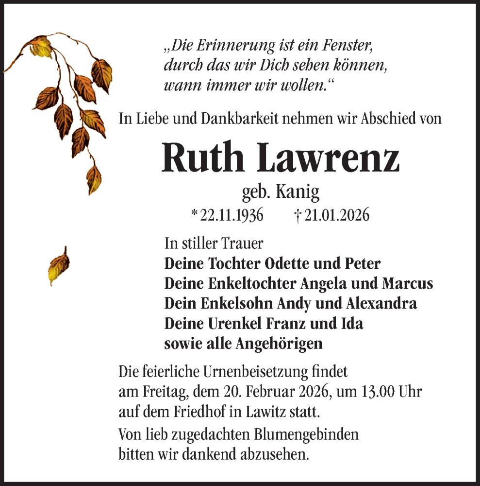  Traueranzeige für Ruth Lawrenz vom 07.02.2026 aus Märkische Oderzeitung