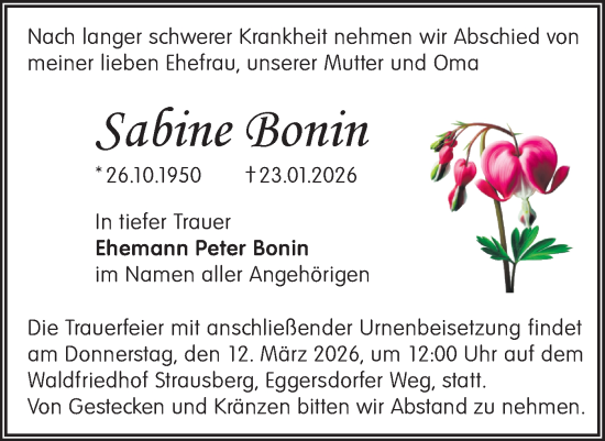Traueranzeige von Sabine Bonin von Märkische Oderzeitung