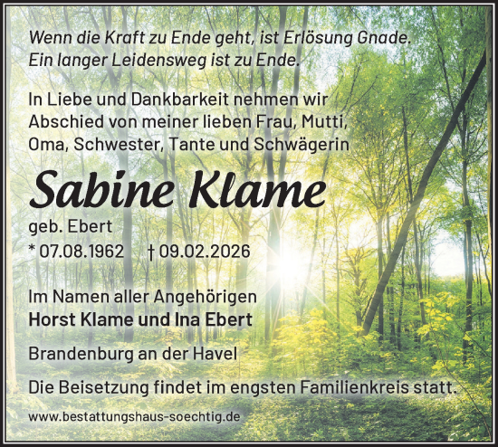 Traueranzeige von Sabine Klame von Märkische Oderzeitung