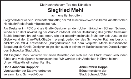 Traueranzeige von Siegfried Mehl von MO Uckerm.-Anz.