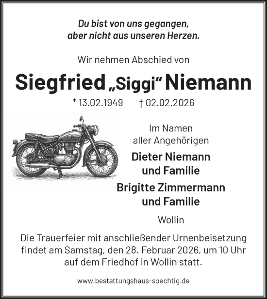 Traueranzeige von Siegfried Niemann von Märkische Oderzeitung