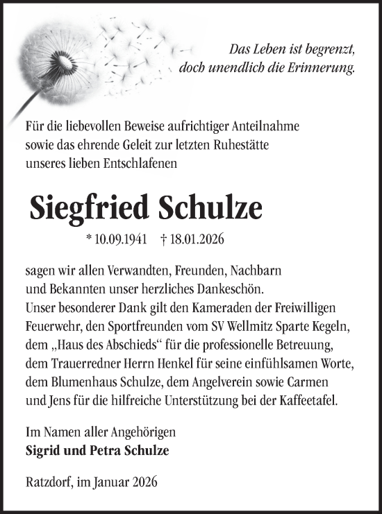 Traueranzeige von Siegfried Schulze von Märkische Oderzeitung