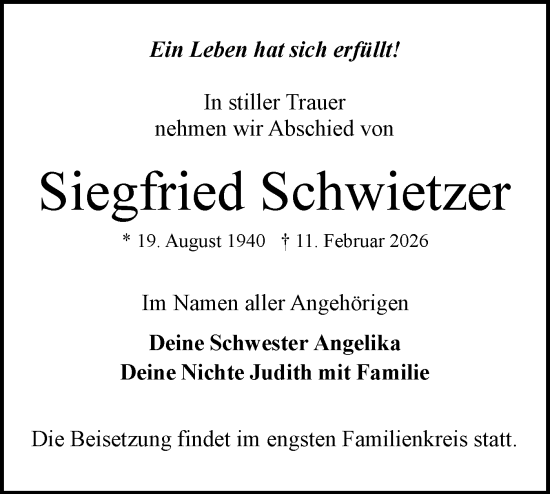 Traueranzeige von Siegfried Schwietzer von Märkische Oderzeitung