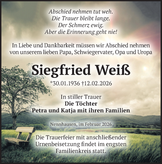 Traueranzeige von Siegfried Weiß von Märkische Oderzeitung