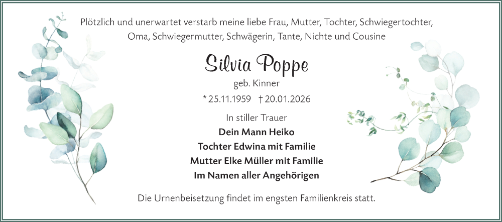  Traueranzeige für Silvia Poppe vom 07.02.2026 aus Märkische Oderzeitung