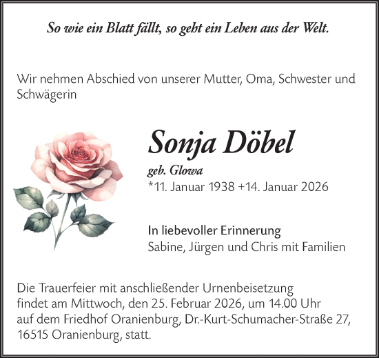 Traueranzeige von Sonja Döbel von Märkische Oderzeitung
