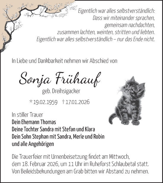 Traueranzeige von Sonja Frühauf von Märkische Oderzeitung