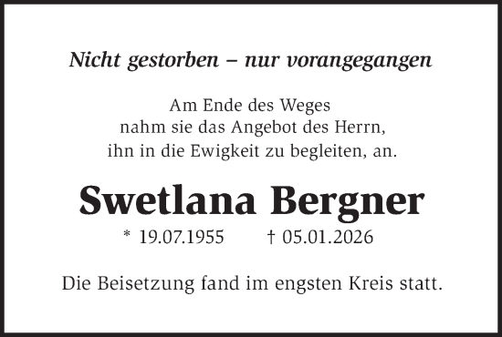 Traueranzeige von Swetlana Bergner von MO Uckerm.-Anz.