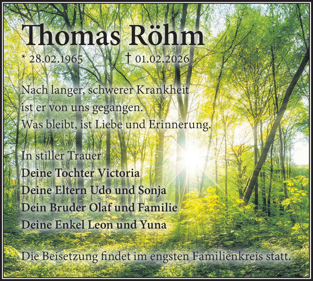  Traueranzeige für Thomas Röhm vom 14.02.2026 aus Märkische Oderzeitung