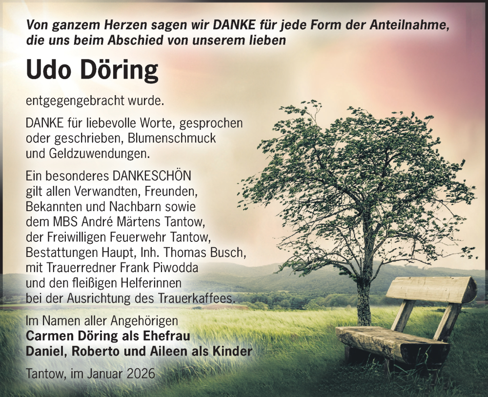  Traueranzeige für Udo Döring vom 07.02.2026 aus MO Uckerm.-Anz.