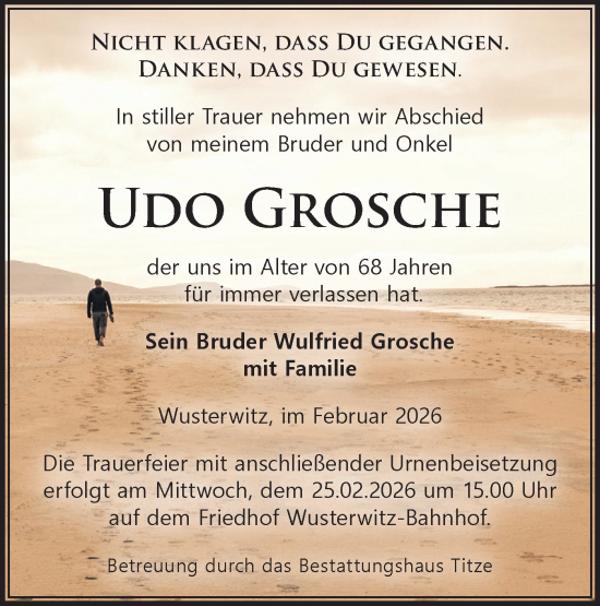 Traueranzeige von Udo Grosche von Märkische Oderzeitung