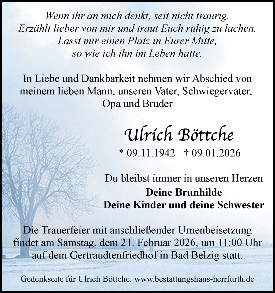  Traueranzeige für Ulrich Böttche vom 07.02.2026 aus Märkische Oderzeitung