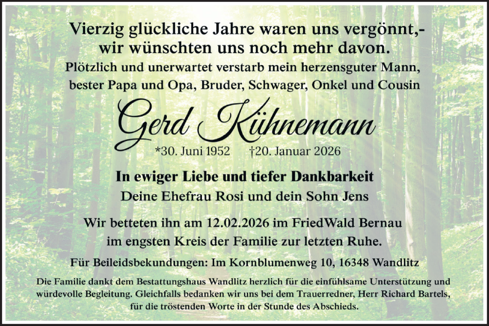  Traueranzeige für Unbekannt Unbekannt vom 14.02.2026 aus Märkische Oderzeitung