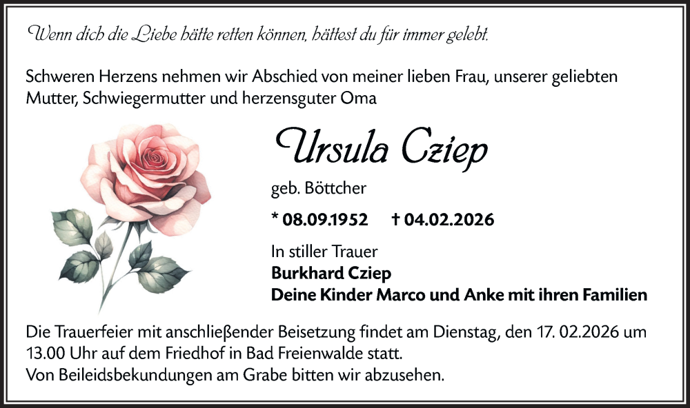  Traueranzeige für Ursula Cziep vom 13.02.2026 aus MO Oderld.-Echo