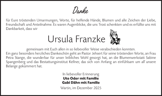 Traueranzeige von Ursula Franzke von MO Uckerm.-Anz.