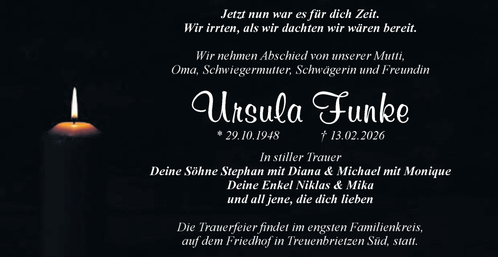 Traueranzeige für Ursula Funke vom 21.02.2026 aus Blickpunkt Jüterbog/Luckenwalde