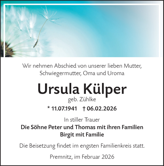Traueranzeige von Ursula Külper von Märkische Oderzeitung