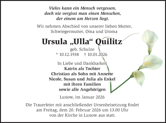 Traueranzeige von Ursula Quilitz von Märkische Oderzeitung