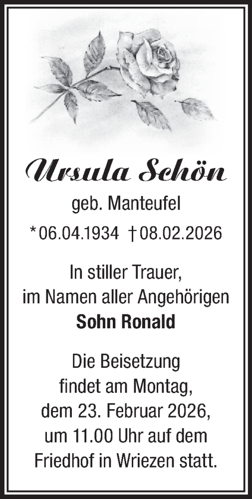 Traueranzeige von Ursula Schön von Märkische Oderzeitung