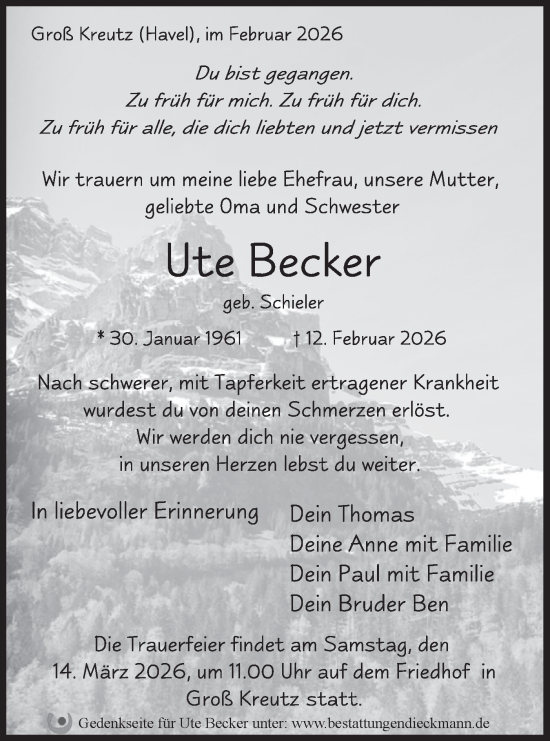 Traueranzeige von Ute Becker von Märkische Oderzeitung