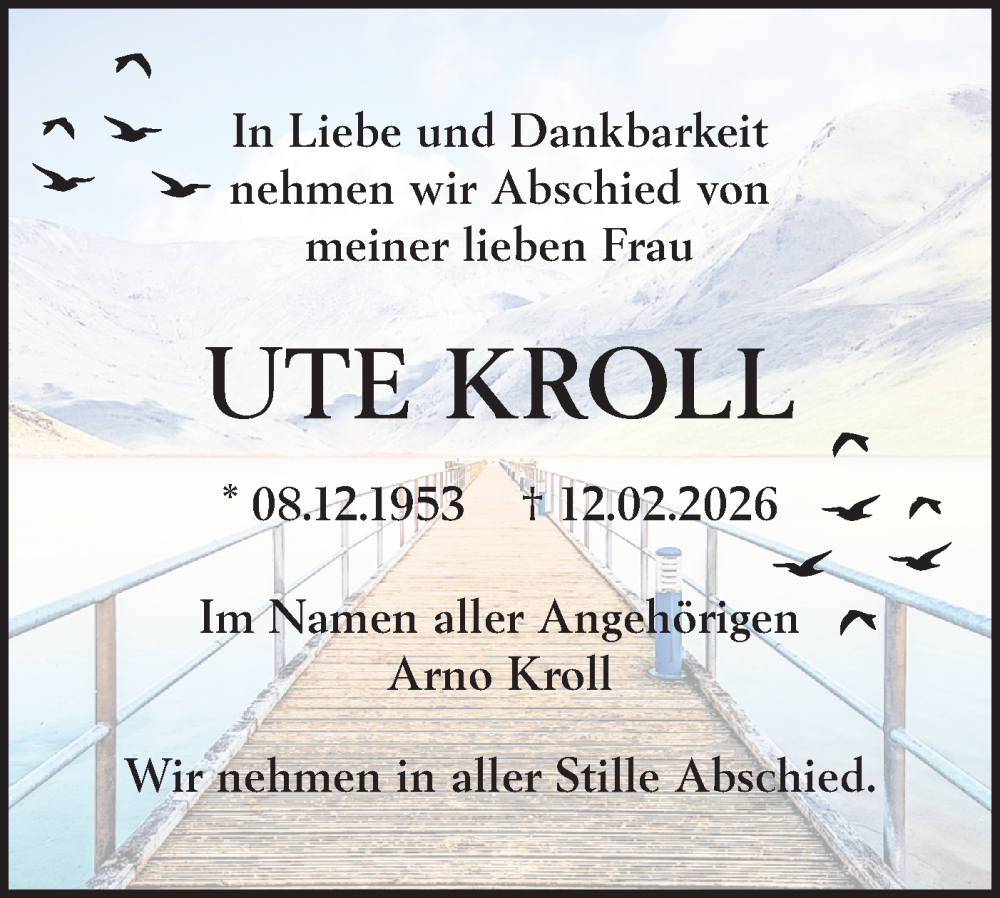  Traueranzeige für Ute Kroll vom 21.02.2026 aus MO Oderld.-Echo