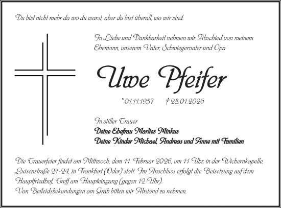 Traueranzeige von Uwe Pfeifer von MO Oderld.-Echo