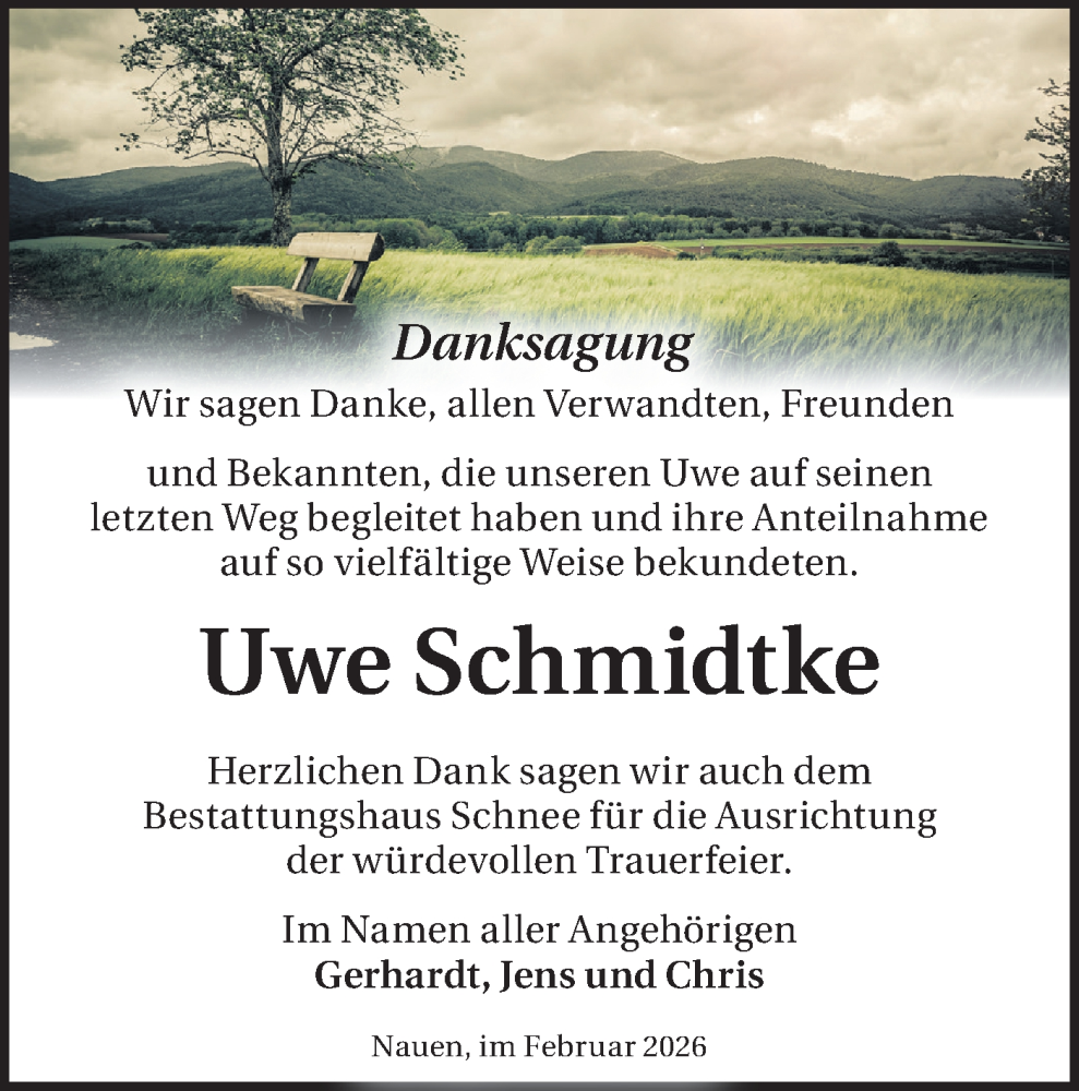  Traueranzeige für Uwe Schmidtke vom 07.02.2026 aus Märkische Oderzeitung