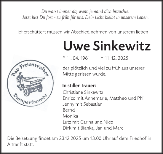 Traueranzeige von Uwe Sinkewitz von MO Oderld.-Echo