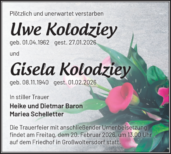 Traueranzeige von Uwe und Gisela Kolodziey von Märkische Oderzeitung