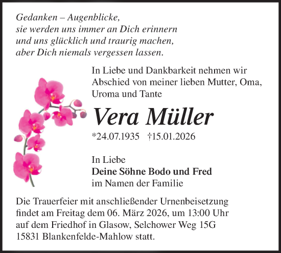 Traueranzeige von Vera Müller von Blickpunkt Ludwigsfelde/Zossen