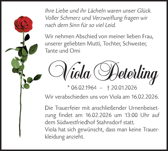 Traueranzeige von Viola Deterling von Blickpunkt Jüterbog/Luckenwalde