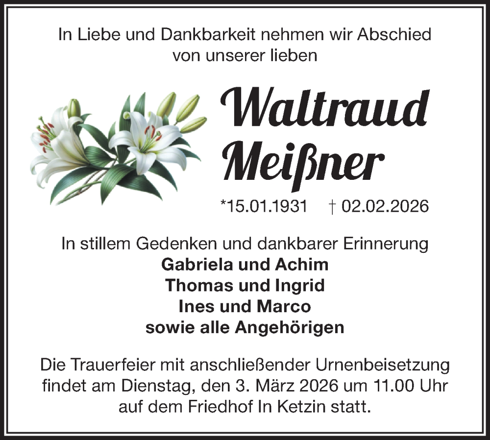  Traueranzeige für Waltraud Meißner vom 07.02.2026 aus Märkische Oderzeitung