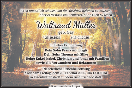 Traueranzeige von Waltraud Müller von Märkische Oderzeitung